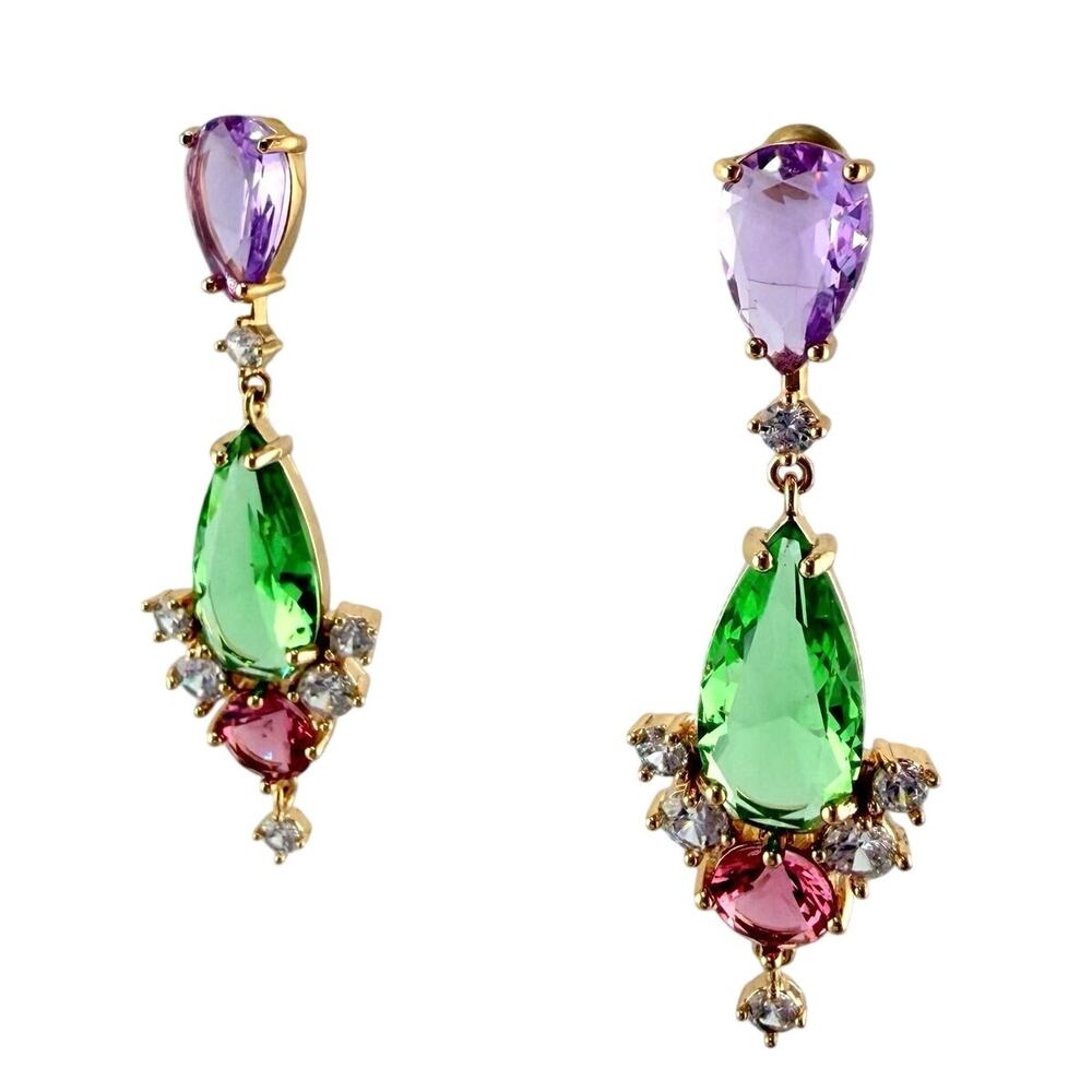 Pastel Glass Rhinestone Fantasy Fairycore Gold Tone Dangle Drop 2" Earrings